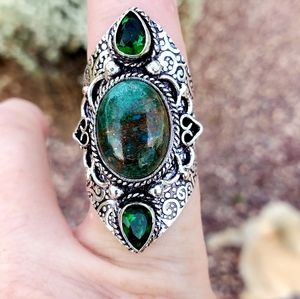 New Chrysocolla & Peridot 925 Silver Statement Ring.